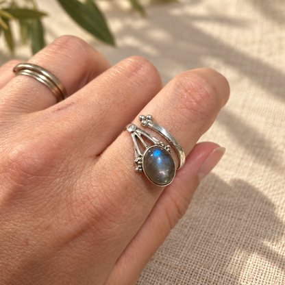 Anillo de Labradorita Natural en Plata de Ley 925 · Ajustable