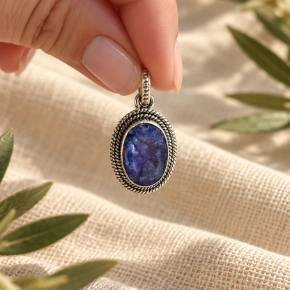 Colgante Oval de Zafiro Azul en Plata de Ley 925