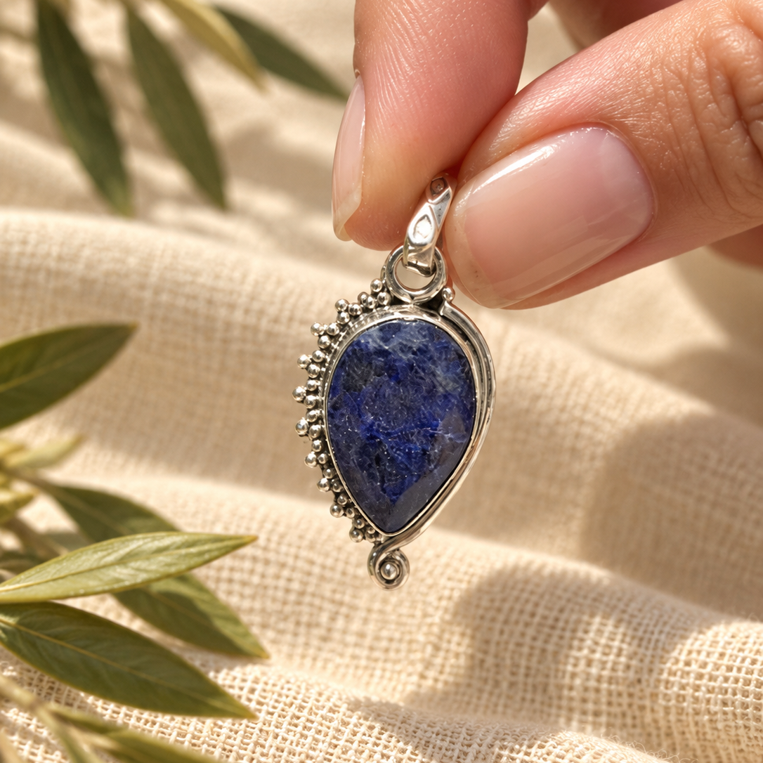 Colgante Mandala de Zafiro Azul en Plata de Ley 925