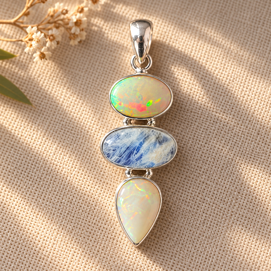 Tríada Lunar — Colgante de Ópalo Etíope y Piedra Luna · Plata 925
