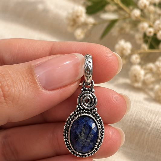 Colgante Espiral de Zafiro Azul en Plata de Ley 925