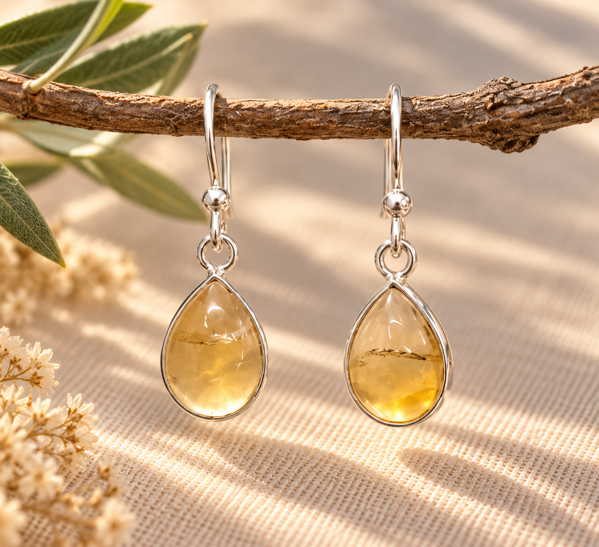 Pendientes Lágrima de Citrino Natural en Plata de Ley 925