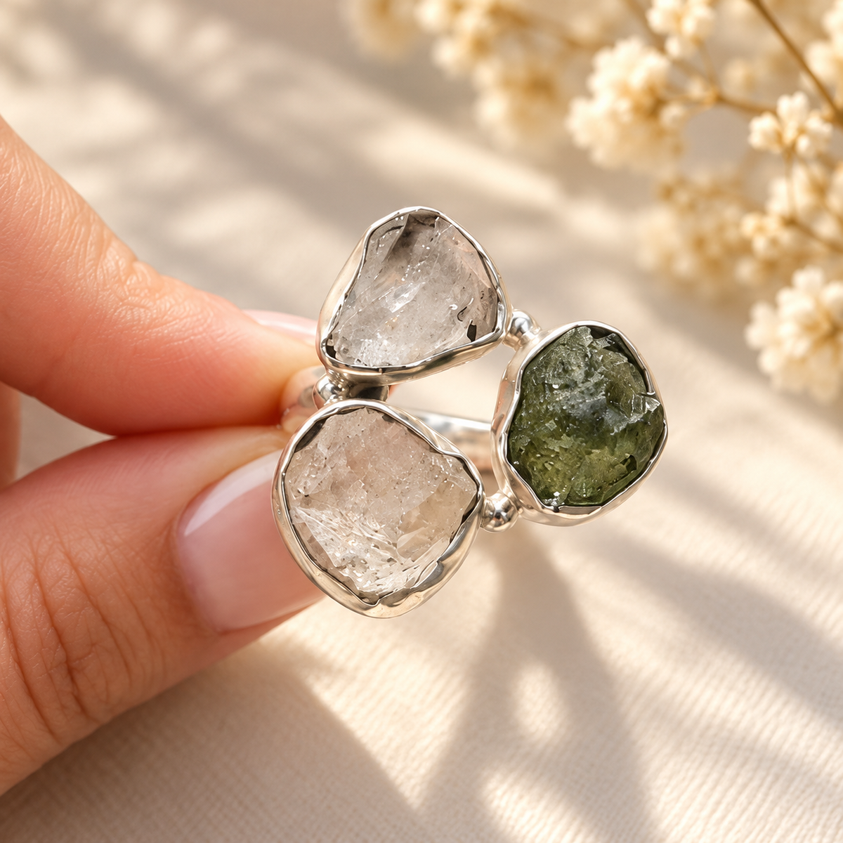 Moldavita, Herkimer y Vidrio Líbico · Anillo La Tríada · Plata 925 · Talla 7