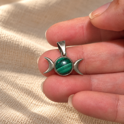 Colgante Triple Luna de Malaquita en Plata de Ley 925