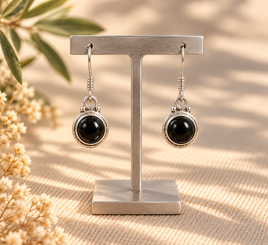 Pendientes Ovalados de Turmalina Negra Natural con Gancho en Plata de Ley 925