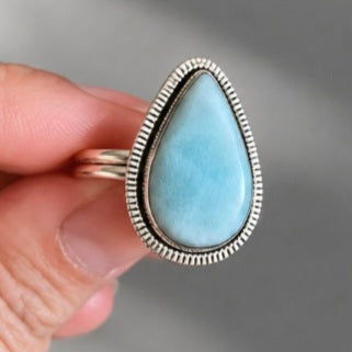 Anillo de Larimar en lágrima en Plata 925 – El Águila y el Cóndor