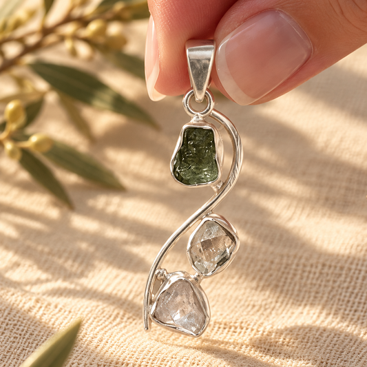 Moldavita, Herkimer y Vidrio Líbico 4gr · Colgante La Tríada · Plata 925