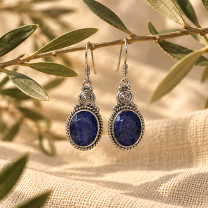 Pendientes Espiral de Zafiro Azul en Plata de Ley 925
