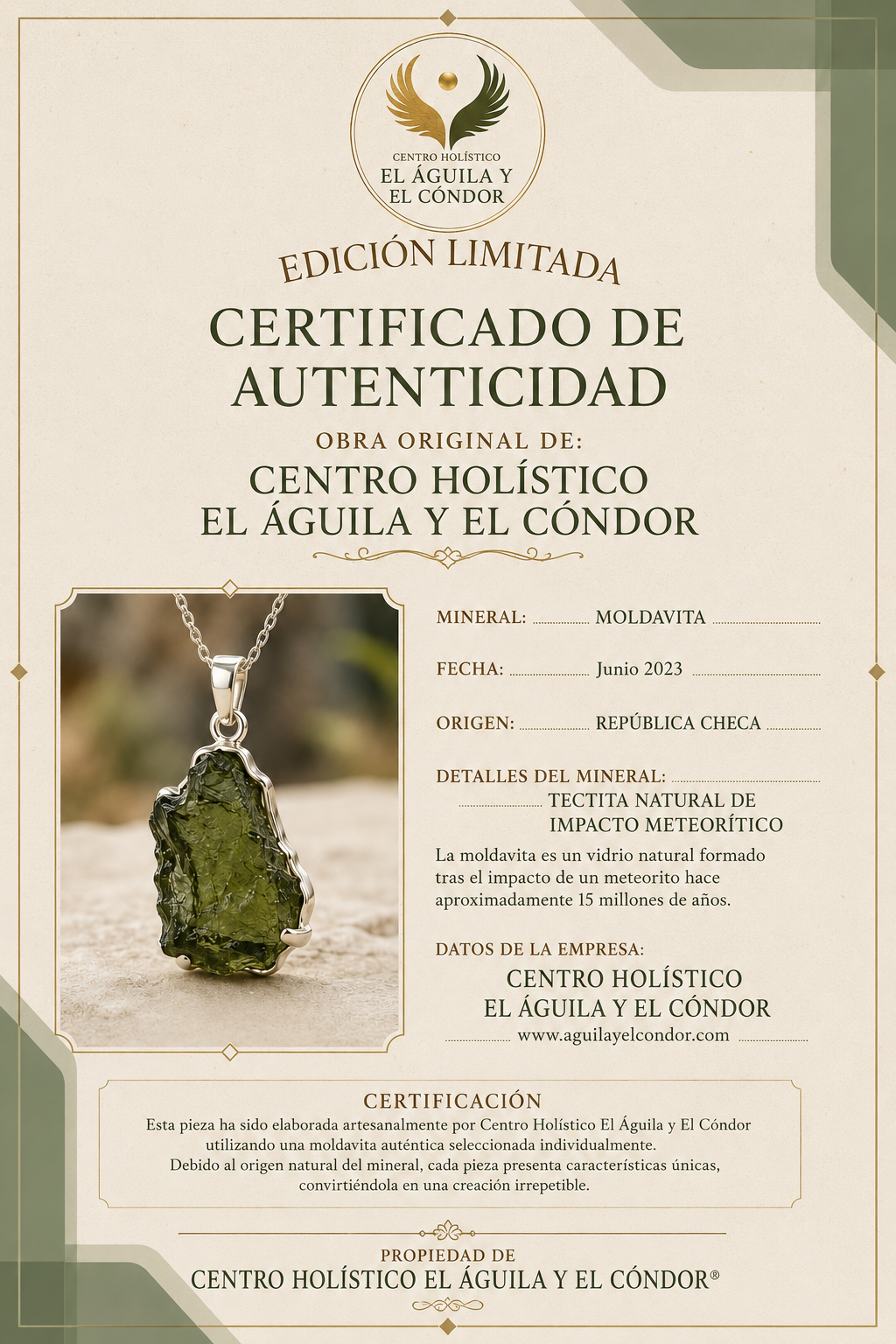 Moldavita, Herkimer y Vidrio Líbico · Colgante Tres Orígenes · Plata 925