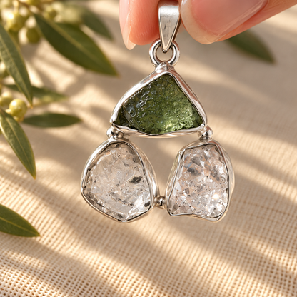 Moldavita, Herkimer y Vidrio Líbico · Colgante Tres Orígenes · Plata 925