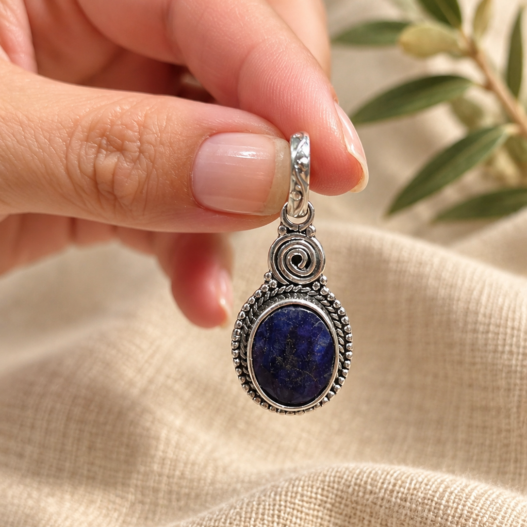 Colgante Espiral de Zafiro Azul en Plata de Ley 925