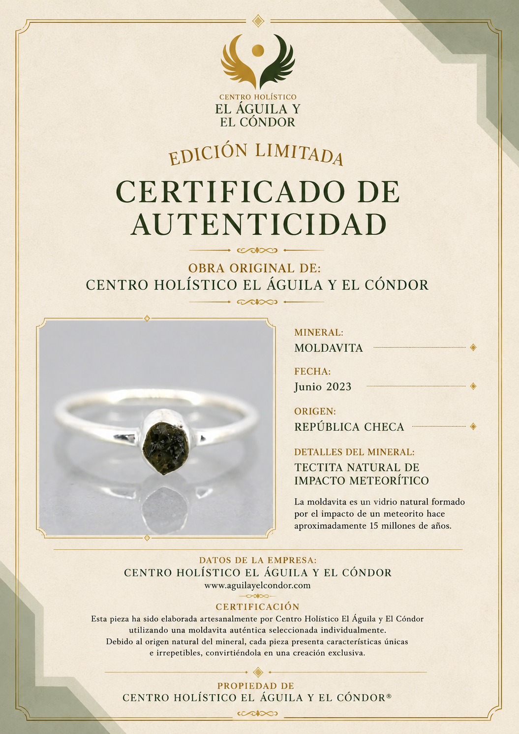 Anillo Adaptable de Moldavita en Plata de Ley 925