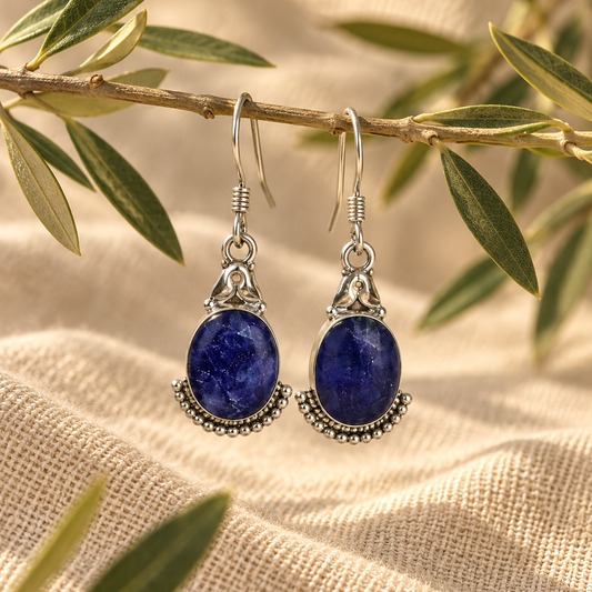 Pendiente Boho de Zafiro Azul en Plata de Ley 925