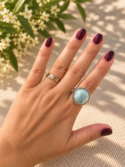 Anillo Redondo de Aguamarina en Plata de Ley 925