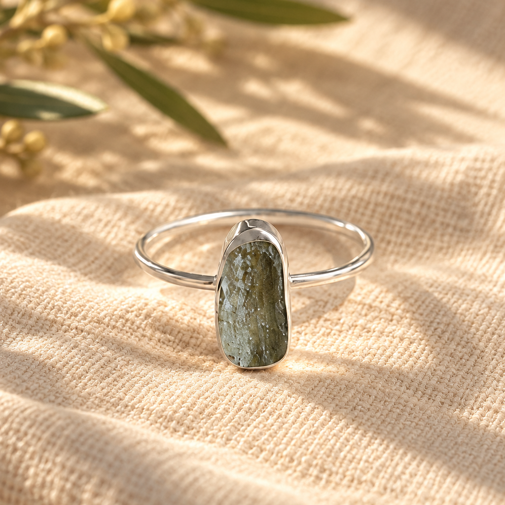 Anillo de Moldavita Natural en Plata de Ley 925