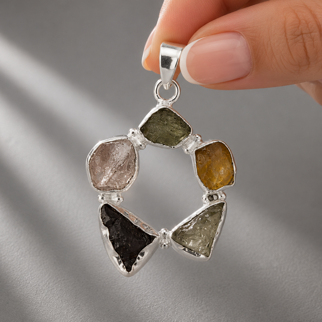 Colgante La Constelación de cinco minerales en Plata 925 – El Águila y el Cóndor