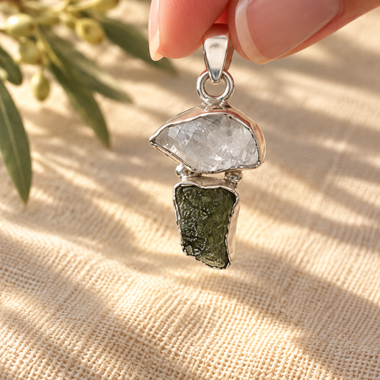 Moldavita y Herkimer · Colgante La grieta · Plata 925