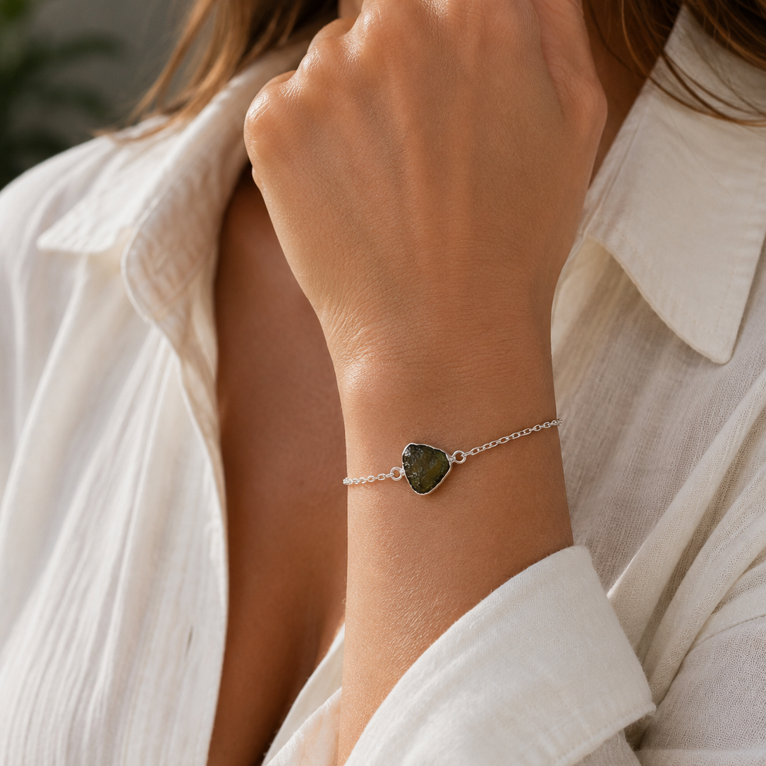 Moldavita · Pulsera Fragmento Bruto · Plata 925