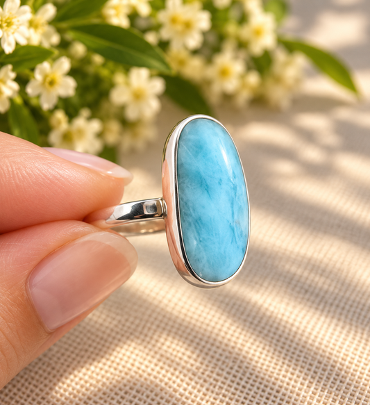 Anillo de Larimar Azul Cielo en Plata de Ley 925